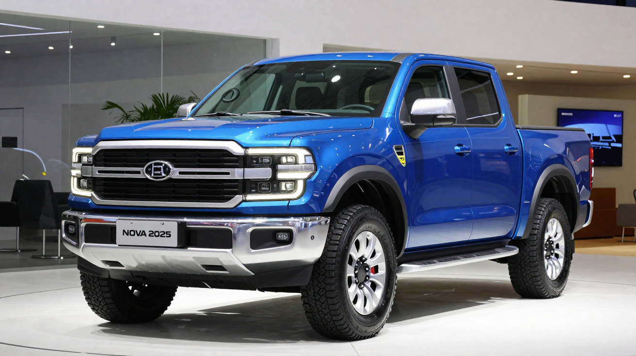 Picape azul modelo 2025 exibida em salão de automóveis em ambiente interno moderno.