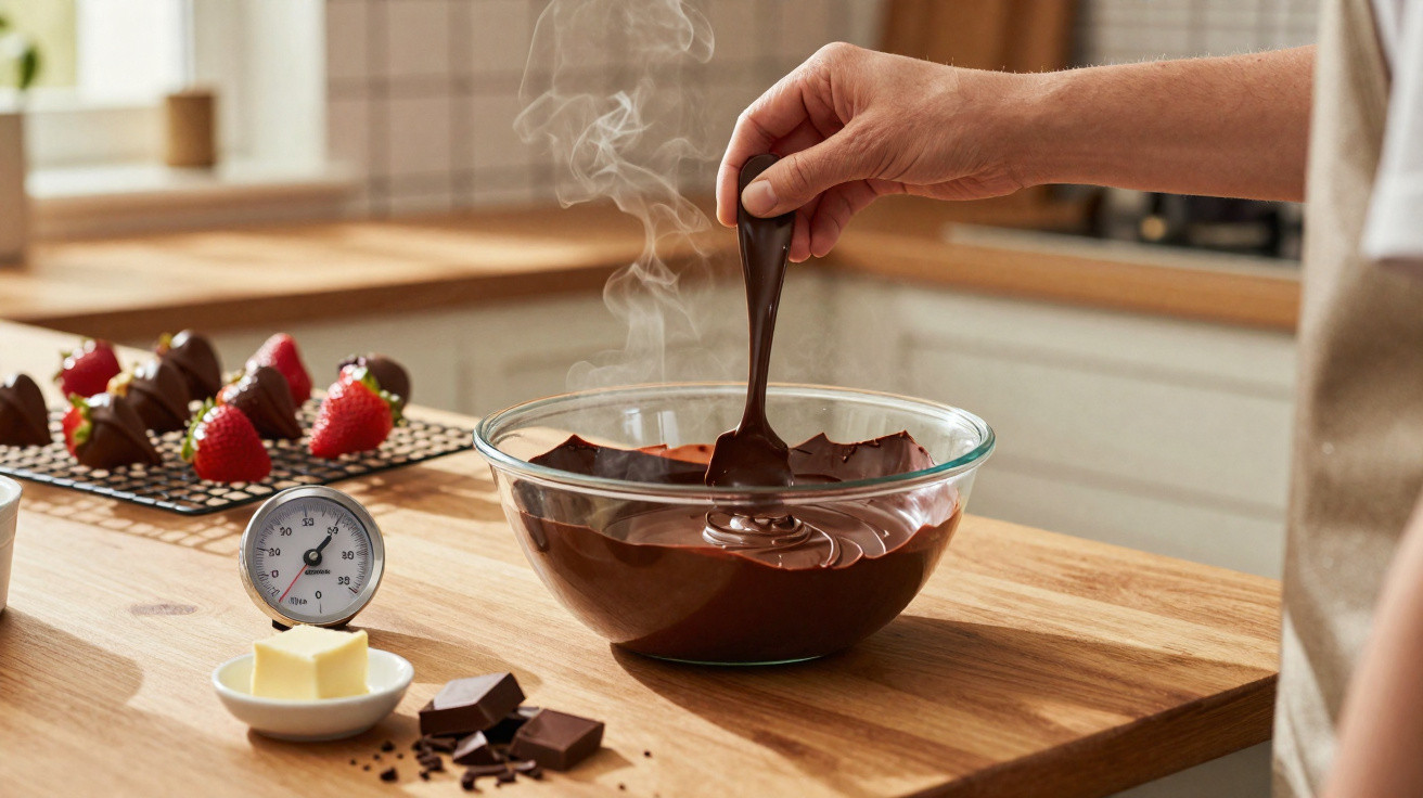 Pessoa mexendo chocolate derretido em tigela de vidro na cozinha com morangos cobertos de chocolate ao fundo.