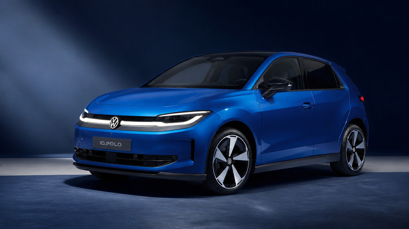 Carro compacto elétrico Volkswagen ID.Polo azul em estúdio com iluminação destacando detalhes modernos.