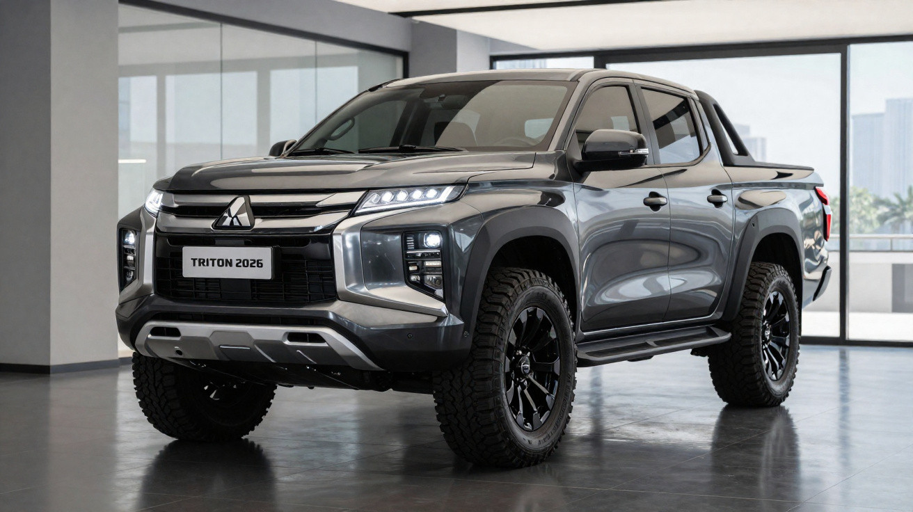 Picape Mitsubishi Triton 2026 cinza em ambiente interno moderno e iluminado.