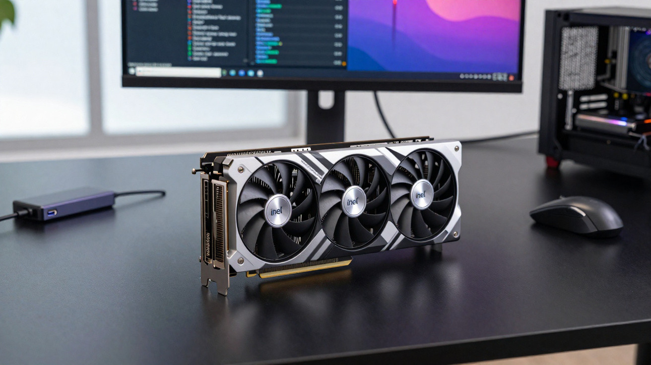 Placa de vídeo Intel com três ventoinhas sobre mesa preta, com monitor e mouse ao fundo.