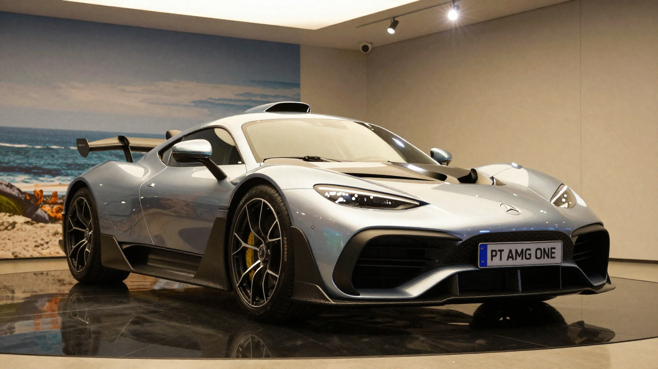 Carro esportivo Mercedes-AMG One prateado em exposição interna com parede decorada ao fundo.