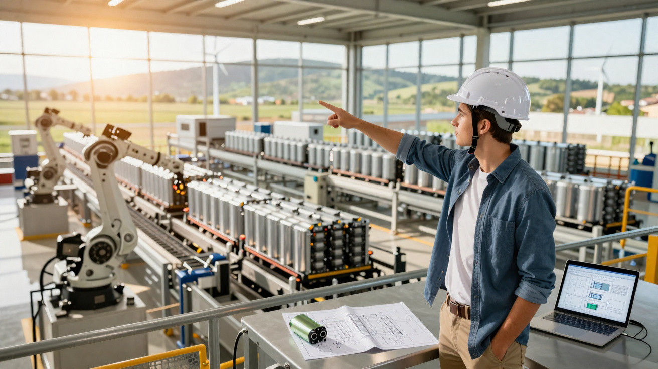 Engenheiro com capacete branco aponta para linha de produção automatizada em fábrica de baterias.