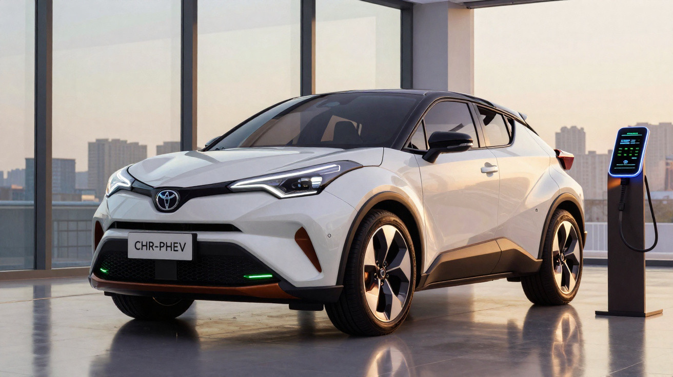 Carro elétrico branco Toyota CHR-PHEV estacionado ao lado de carregador em ambiente urbano moderno.