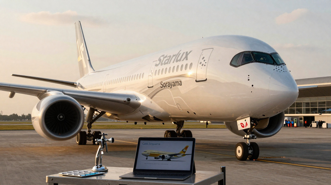 Avião branco da Starlux Sorayama estacionado no aeroporto com laptop exibindo imagem de avião.