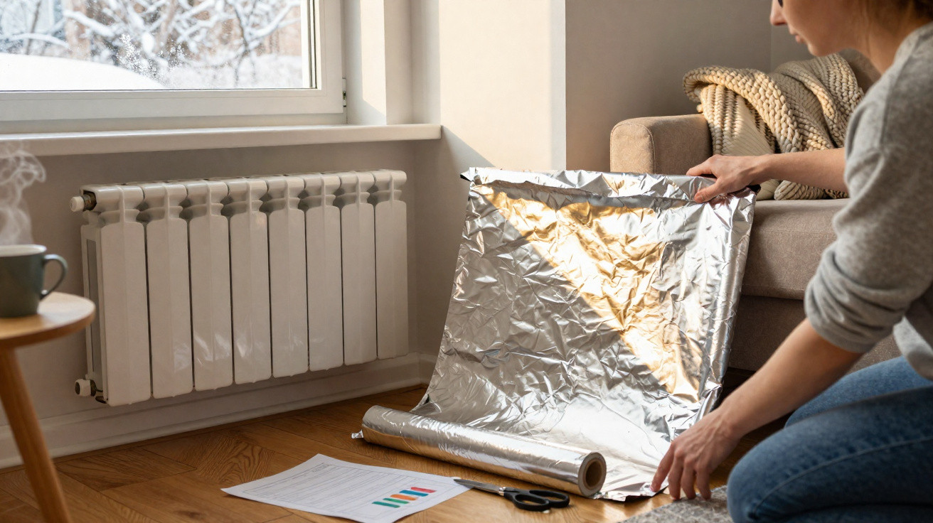 Pessoa segurando folha de papel alumínio próximo a um radiador em ambiente com janela e neve.