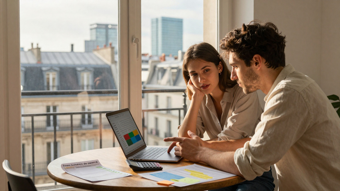 Casal jovem discutindo planilhas e gráficos em laptop numa mesa com vista urbana ao fundo.