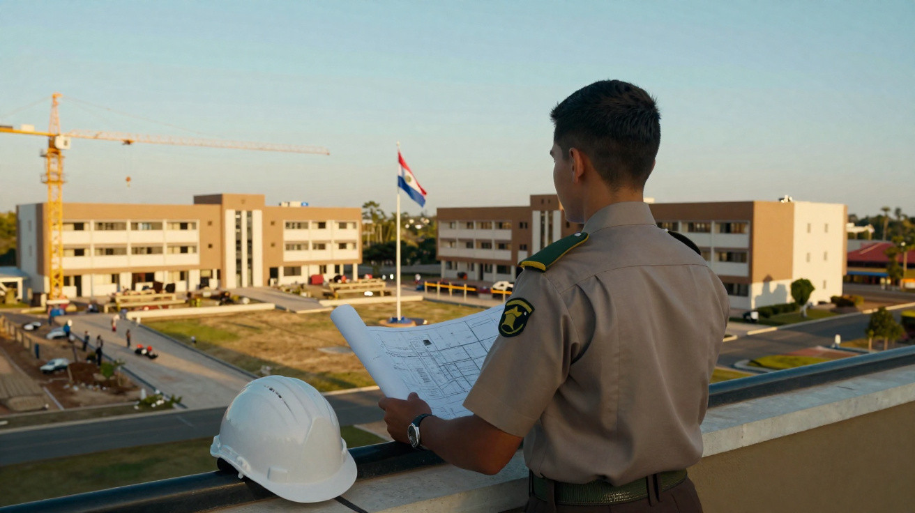 Jovem militar observa planta em canteiro de obras com edifícios e capacete branco ao lado.