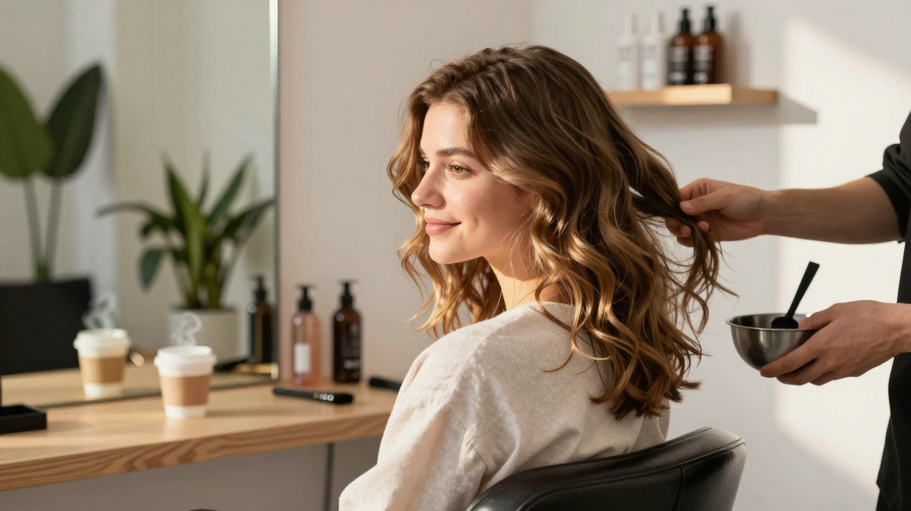 Mulher sorridente com cabelo ondulado recebendo tratamento capilar em salão moderno e iluminado.
