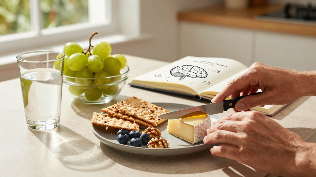 Pessoa cortando queijo ao lado de uvas, mirtilos, nozes, biscoitos, copo de água e livro aberto em mesa iluminada.