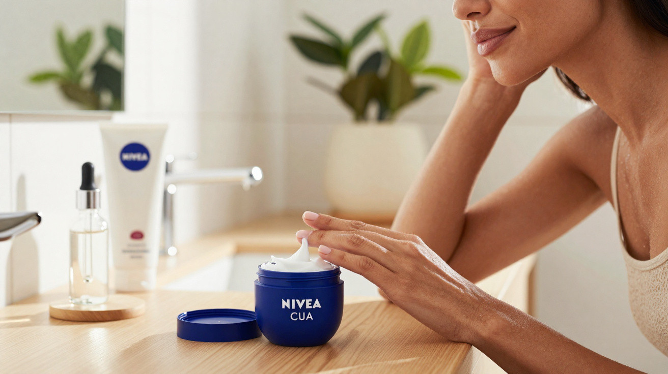 Mulher aplicando creme facial Nivea, com frascos de cosméticos sobre bancada de banheiro.