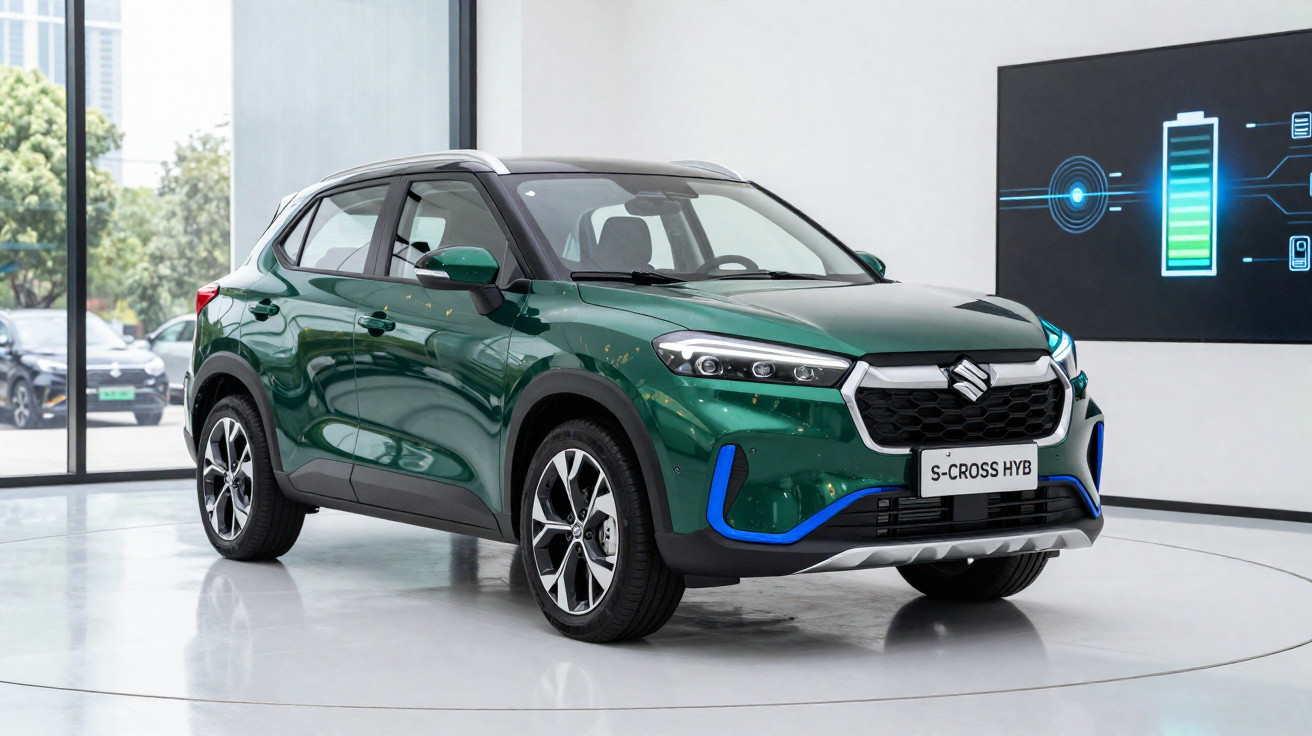Carro verde Suzuki S-Cross híbrido em exposição, com detalhes azuis e ambiente moderno de sala de apresentação.