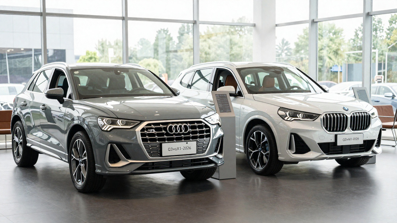 Dois carros SUV estacionados em showroom iluminado, um Audi cinza e um BMW branco.