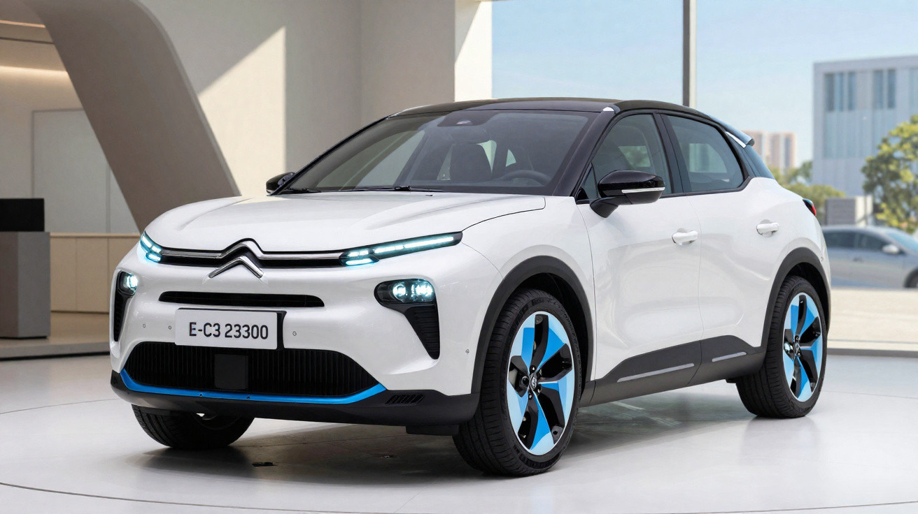 Carro elétrico Citroën E-C3 branco com detalhes azuis exibido em ambiente interno moderno.