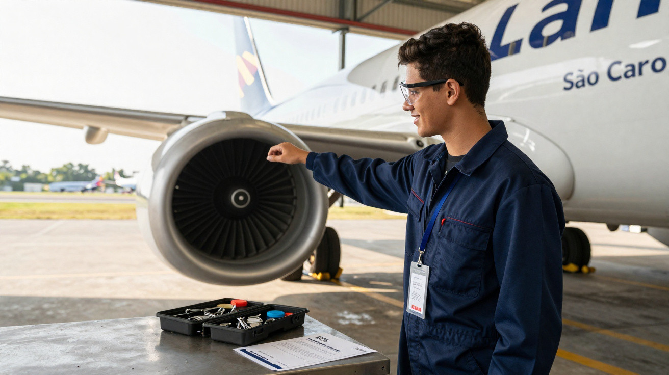 Técnico em uniforme azul inspeciona motor de avião estacionado em hangar com ferramentas sobre mesa próxima.