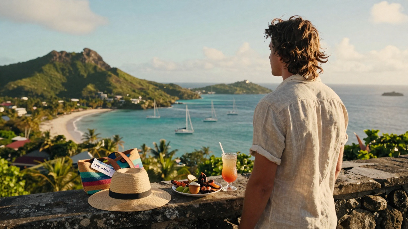 Homem observa baía com barcos, sorvete e chapéu sobre mureta, paisagem tropical com montanhas e mar ao fundo.