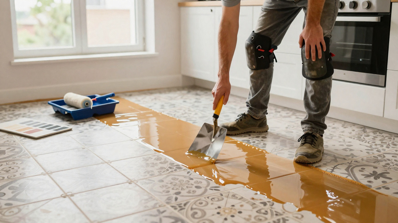 Pessoa aplicando revestimento epóxi amarelo em piso de azulejos na cozinha, usando joelheiras e espátula.
