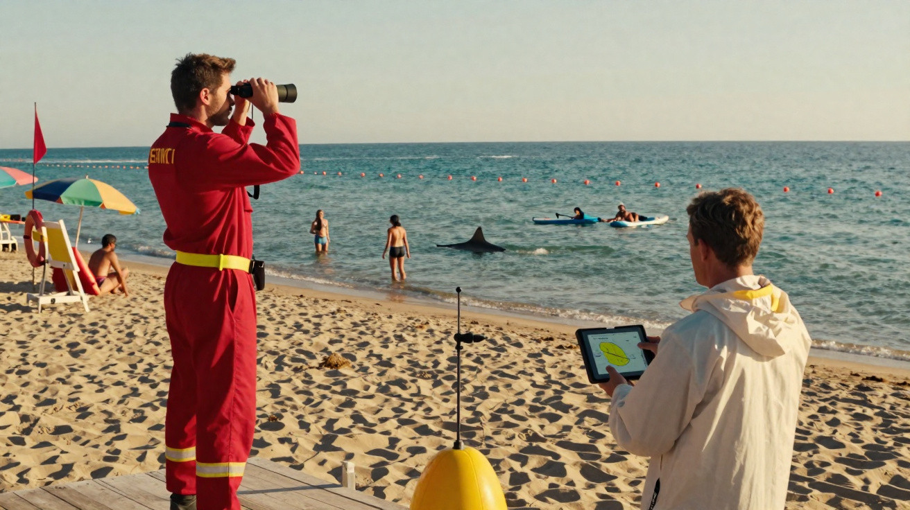 Salva-vidas observa microscópio marinho e outra pessoa segura tablet na praia com banhistas e barco ao fundo.