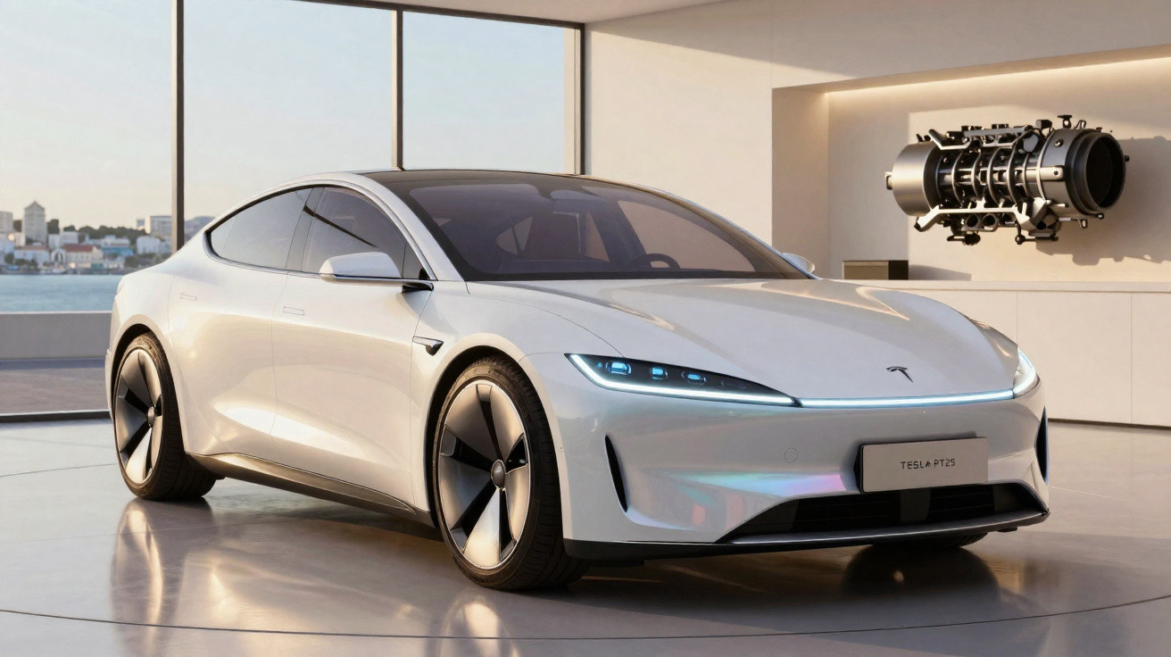 Carro elétrico Tesla PT25 branco exibido em espaço moderno com vista para a água e motor futurista na parede.