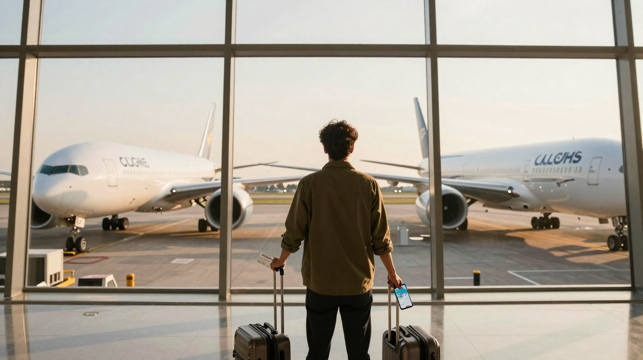 Pessoa de costas com malas e celular observa dois aviões na pista pelo vidro do aeroporto.