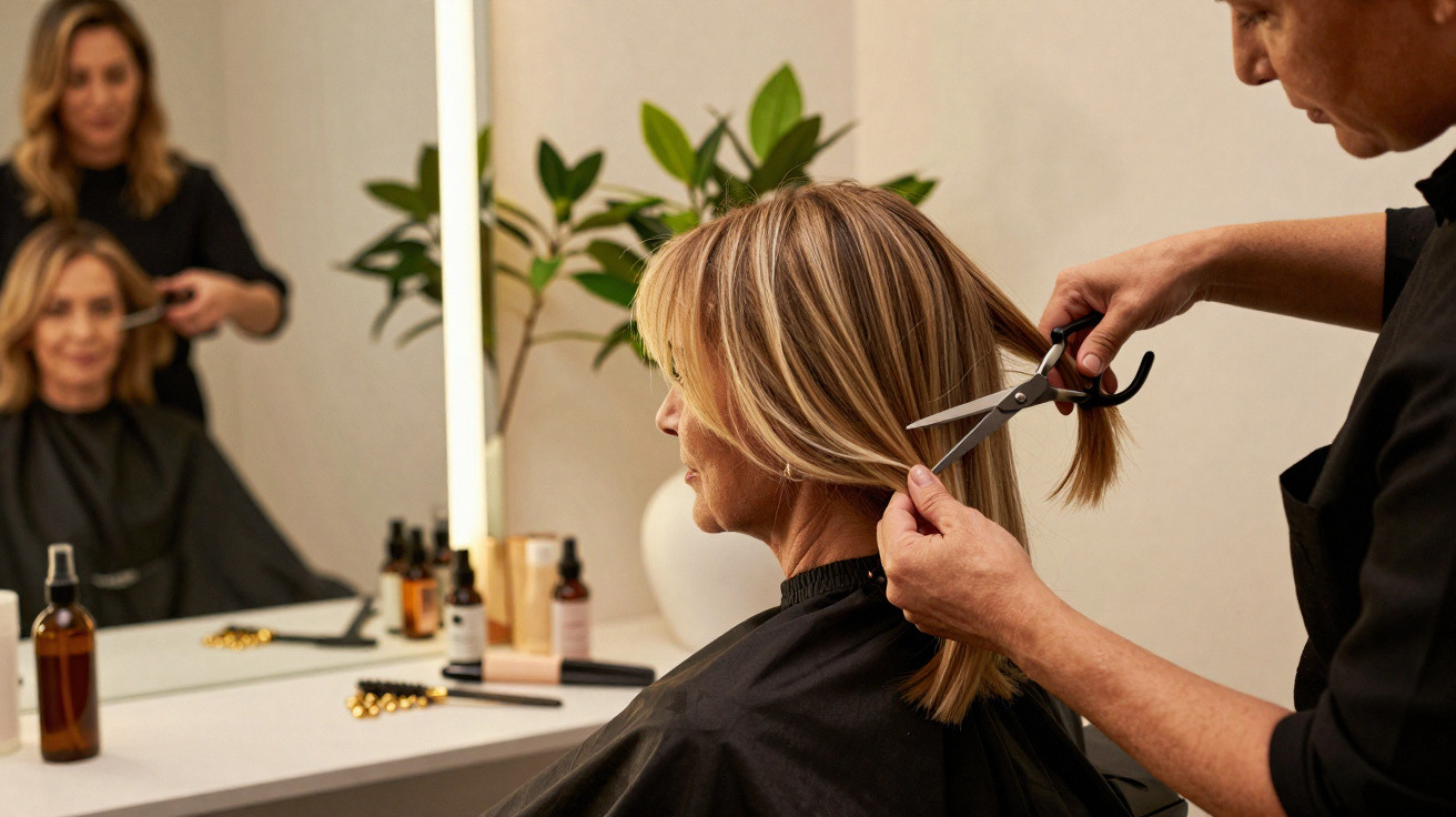 Pessoa cortando o cabelo de mulher loira em salão moderno com plantas e produtos na bancada.