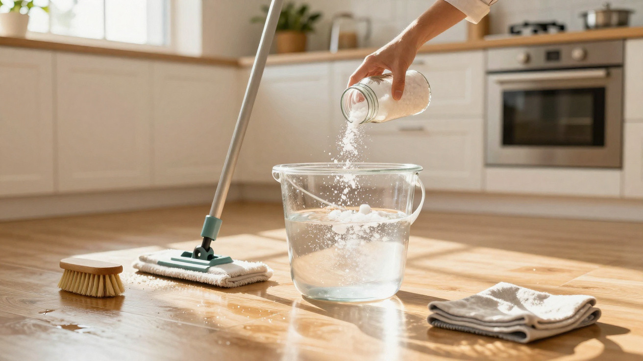 Pessoa despejando produto de limpeza em balde com água para passar pano em piso de madeira da cozinha.