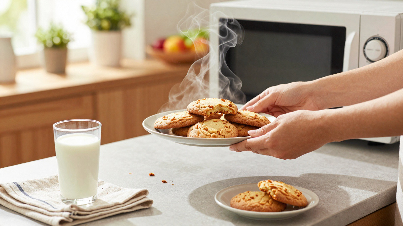 Mãos seguram prato com biscoitos quentes saindo do micro-ondas, copo de leite ao lado na bancada da cozinha.