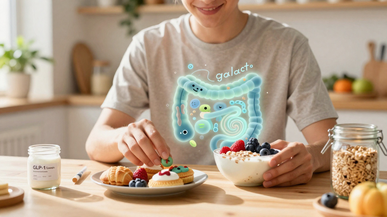 Pessoa preparando café da manhã saudável com frutas e iogurte, com desenho de intestino iluminado no peito.