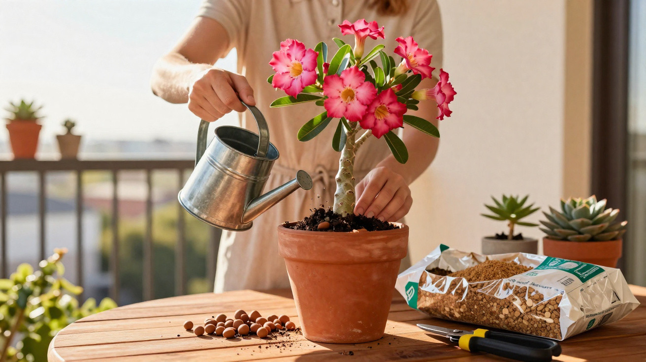Pessoa regando planta com flores rosa em vaso de barro sobre mesa de madeira ao ar livre.