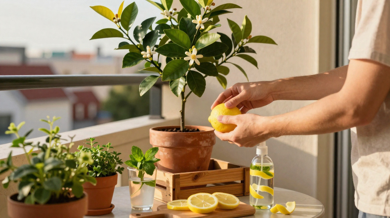 Pessoa cortando limão em varanda com vasos de plantas e limão em vidro com água.