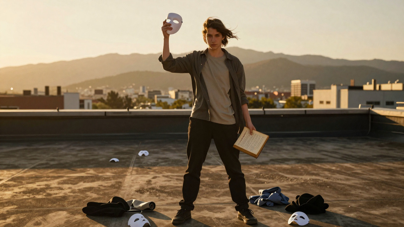 Pessoa em um terraço ao pôr do sol segurando uma máscara branca e um livro aberto, com várias máscaras no chão.