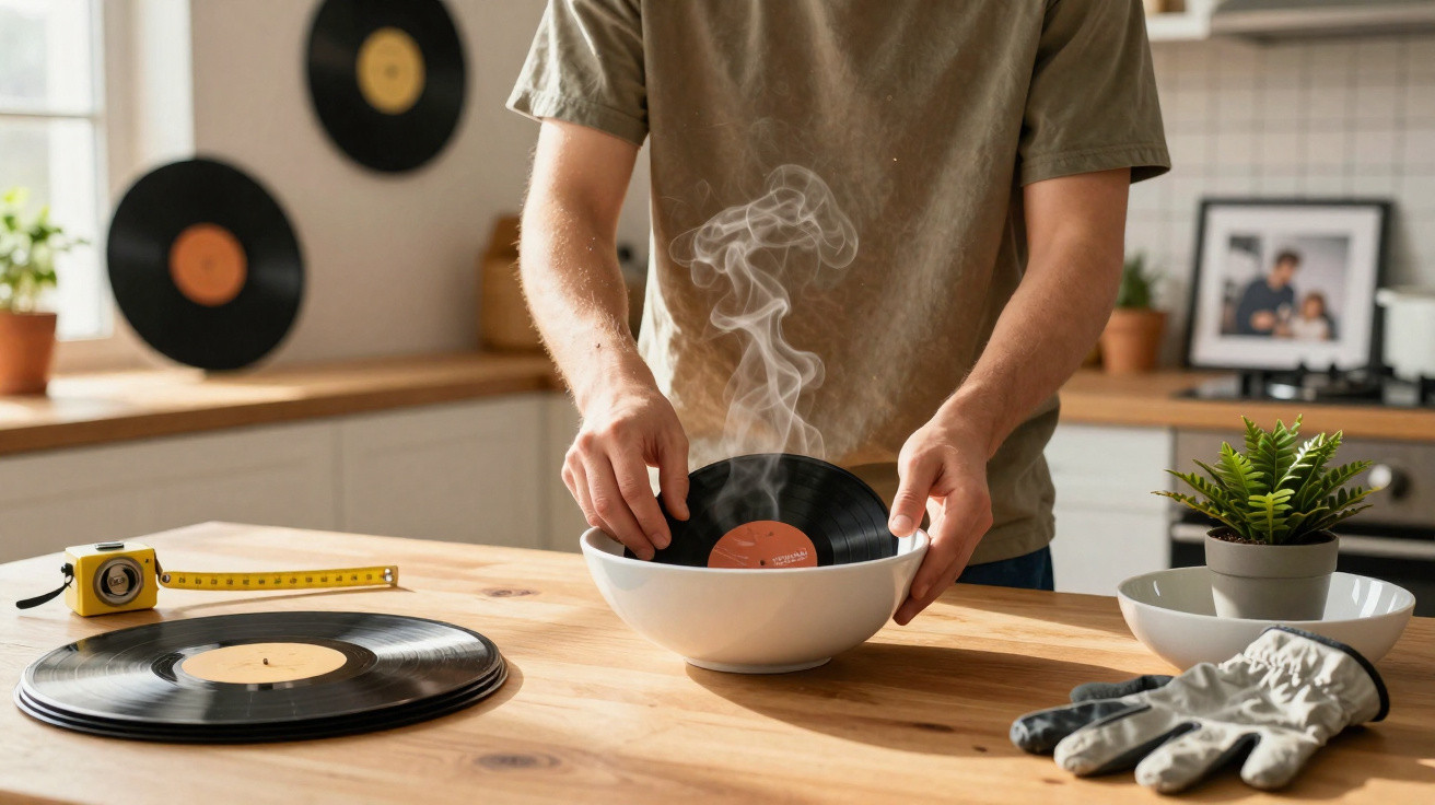 Pessoa segurando disco de vinil sobre tigela com fumaça saindo, em cozinha iluminada e decorada.