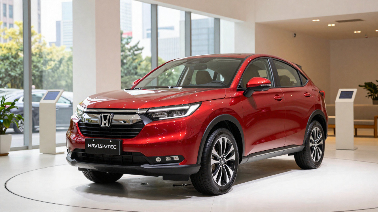 SUV Honda HR-V vermelho em exposição em showroom com ambiente moderno e iluminado.