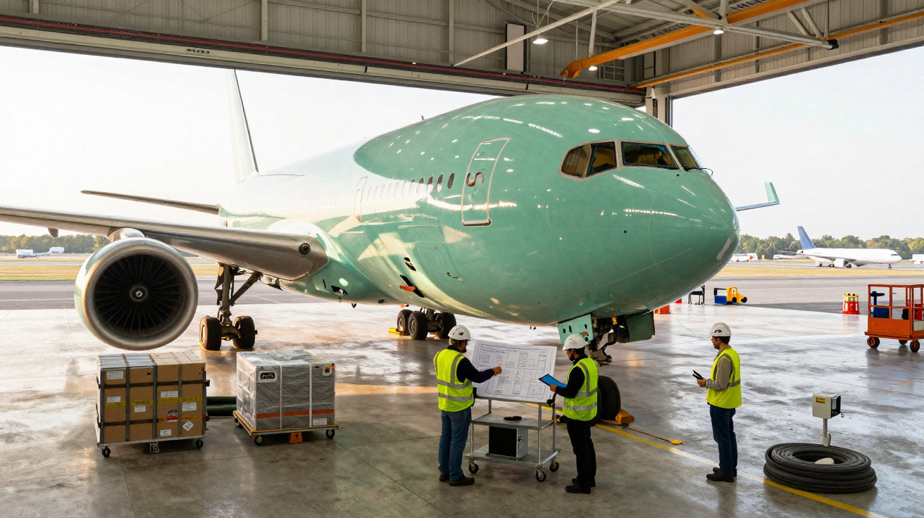 Três trabalhadores com coletes de segurança inspecionam um avião verde em hangar com caixas ao lado.