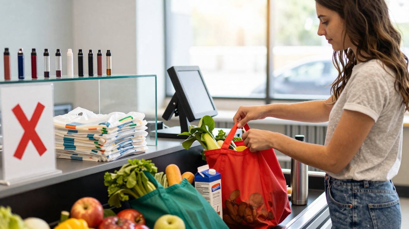 Mulher colocando legumes em sacola vermelha no caixa de supermercado moderno.