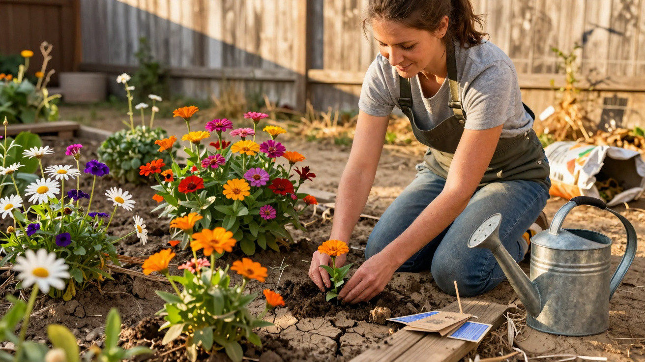 Mulher plantando flores coloridas em jardim com regador de metal e pacotes de sementes ao lado.