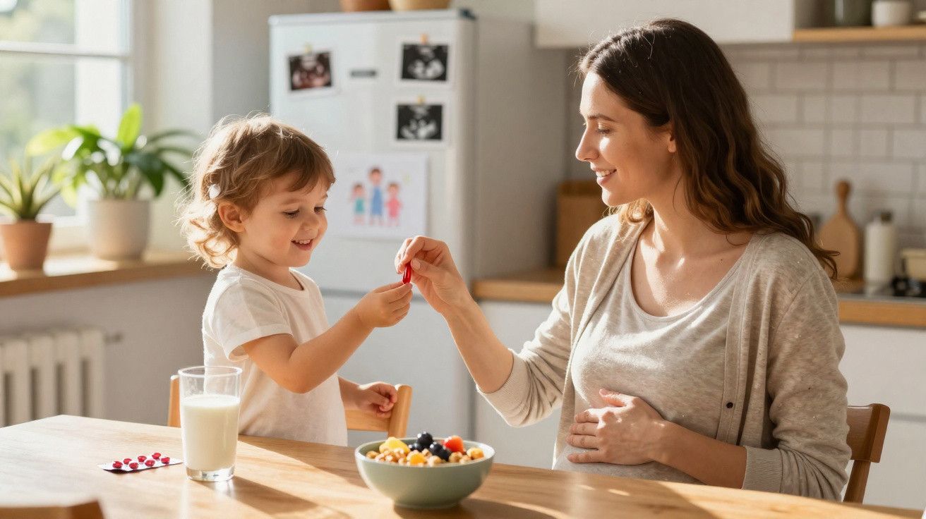 Mulher grávida e criança sorrindo enquanto compartilham comida numa cozinha iluminada.
