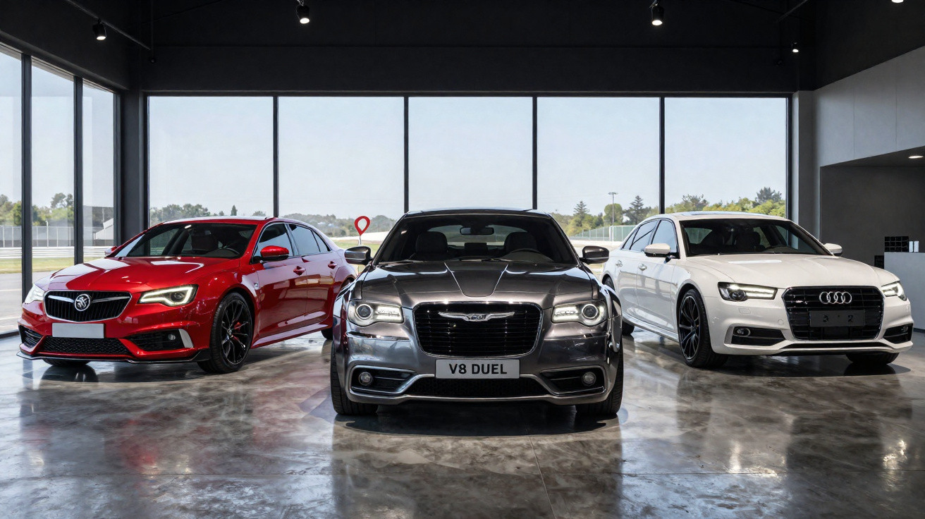 Três carros esportivos estacionados em showroom com piso refletivo e janelas grandes ao fundo.