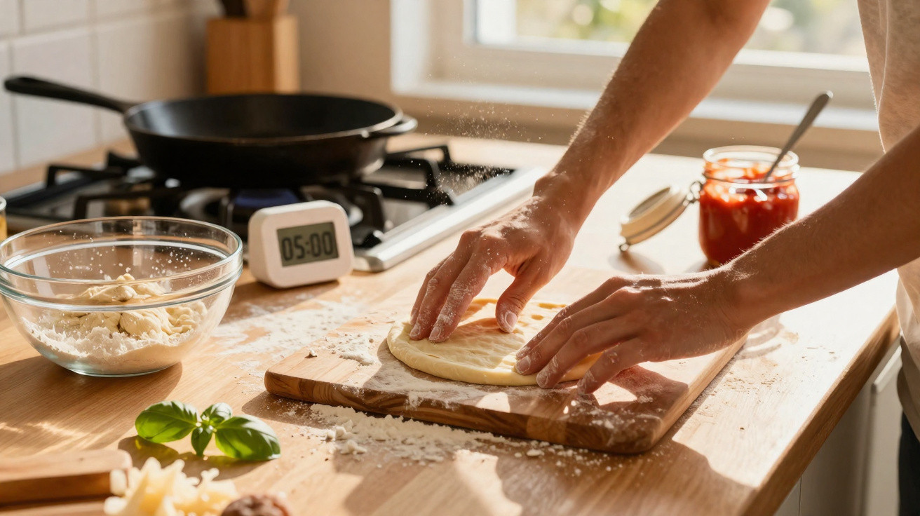 Pessoa moldando massa de pizza em tábua de madeira com ingredientes e temporizador ao fundo.