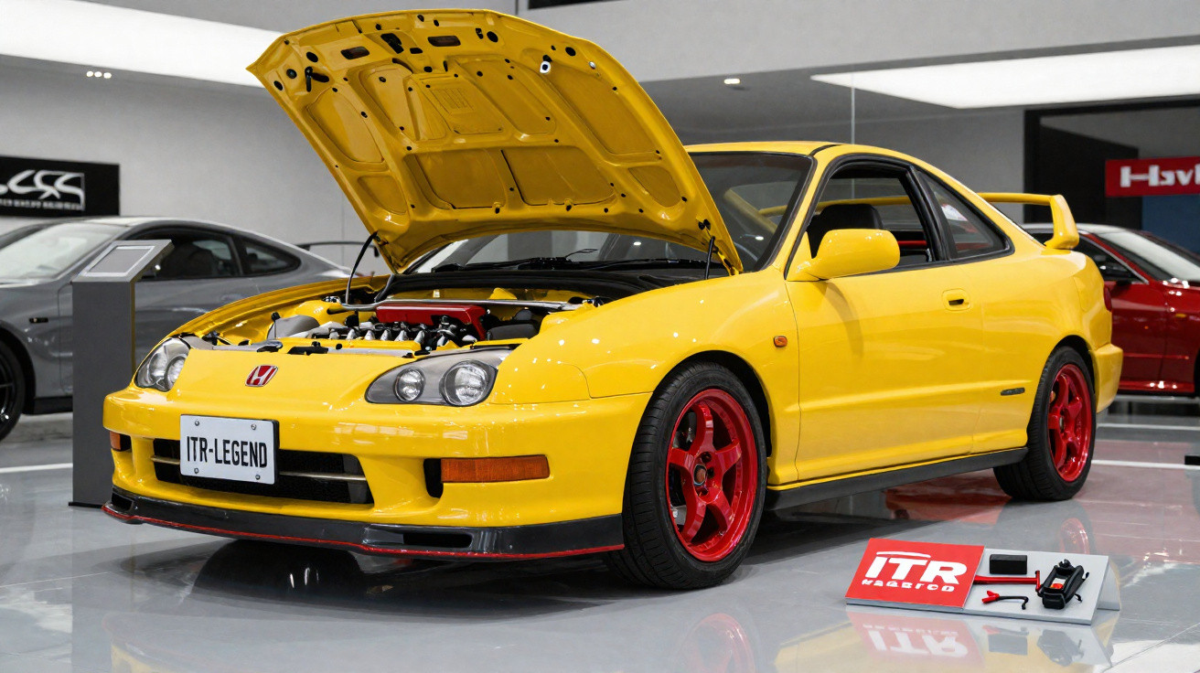 Carro esportivo amarelo com capô aberto e rodas vermelhas exibido em salão automotivo.