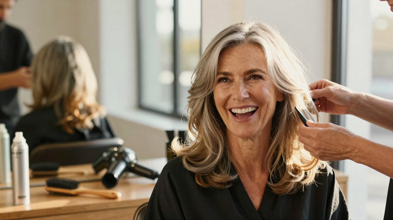 Mulher sorridente com cabelo loiro sendo penteada em salão de beleza moderno e iluminado.