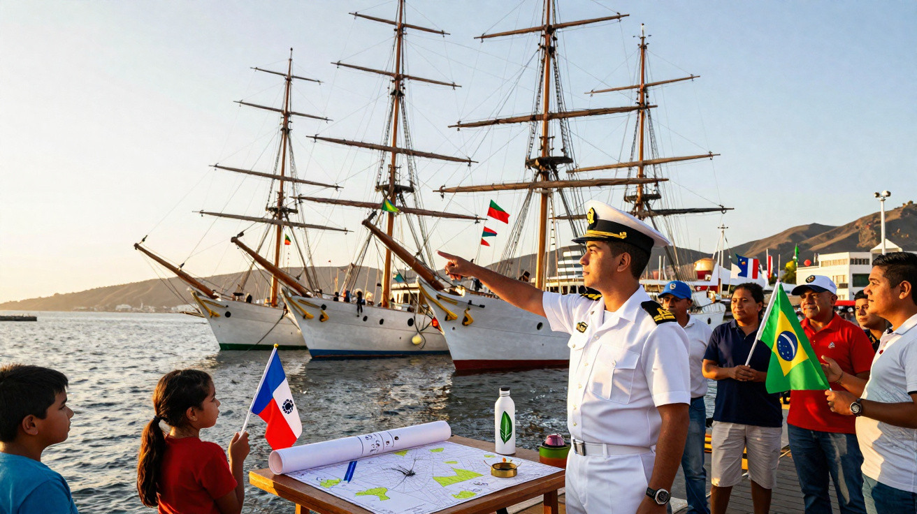 Oficial da marinha com grupo de civis em frente a três grandes navios antigos ancorados em um porto.