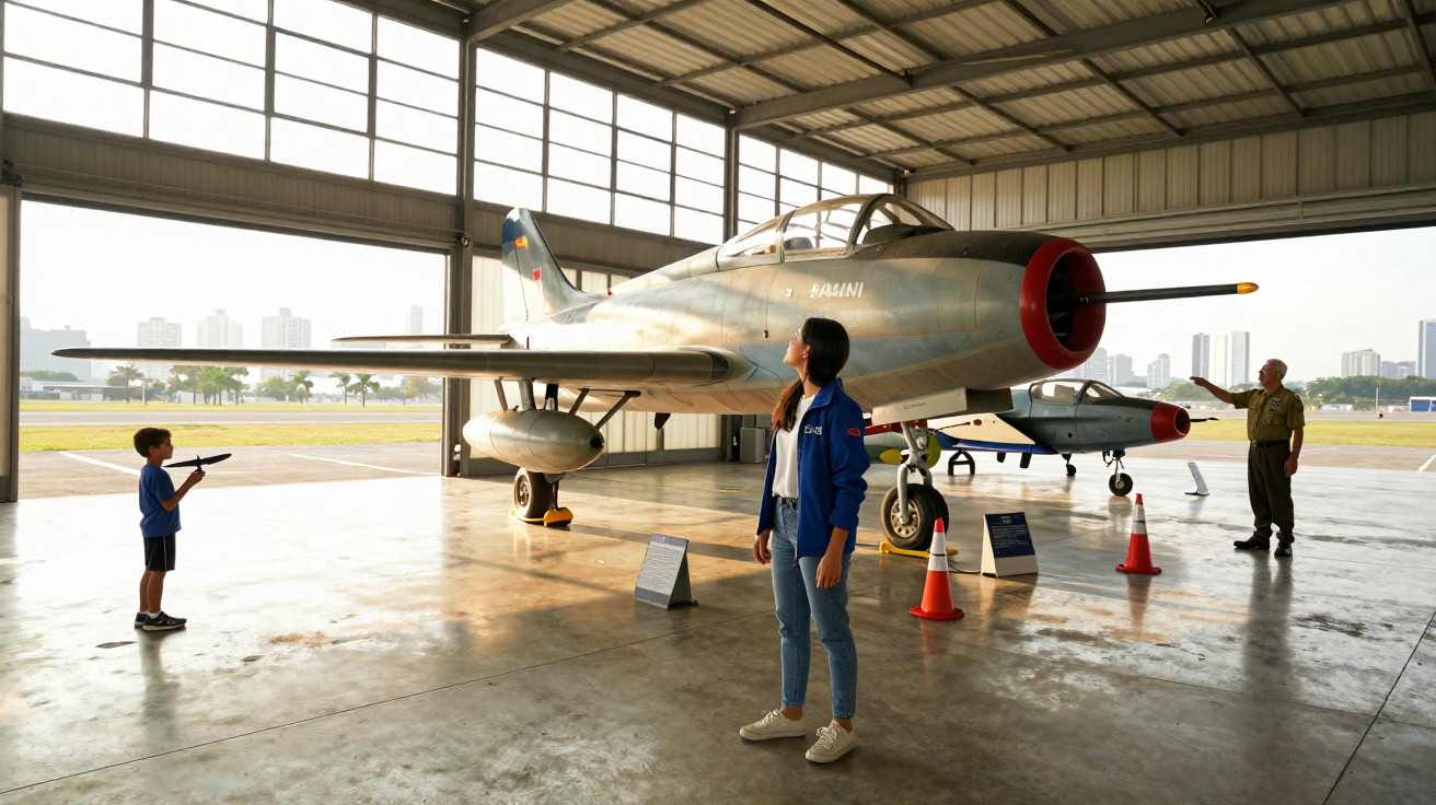 Interior de hangar com dois aviões antigos e três pessoas observando as aeronaves em exposição.