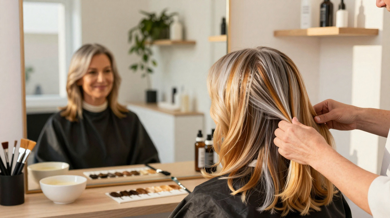 Mulher loira em salão de beleza com cabelo sendo manuseado por profissional diante de espelho.
