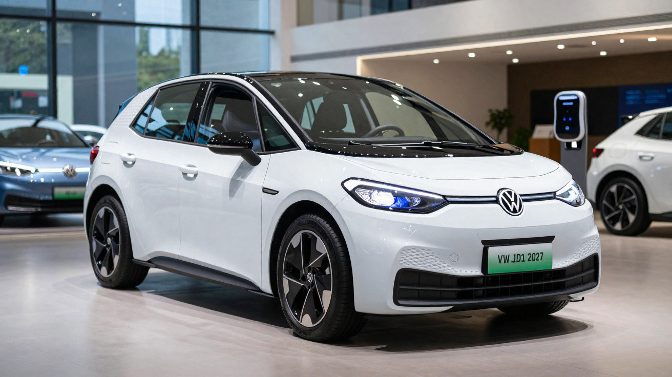 Carro elétrico branco Volkswagen ID.1 2027 exposto em showroom moderno com piso claro e iluminação interna.