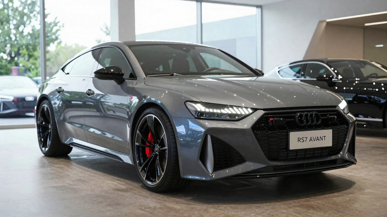 Carro Audi RS7 Avant cinza metálico em exposição interna, com rodas pretas e freios vermelhos.