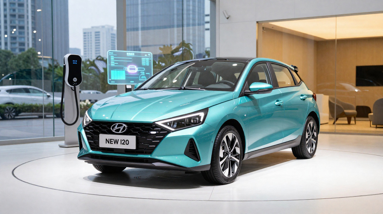 Carro Hyundai New i20 azul em exposição interna com estação de recarga elétrica ao lado.