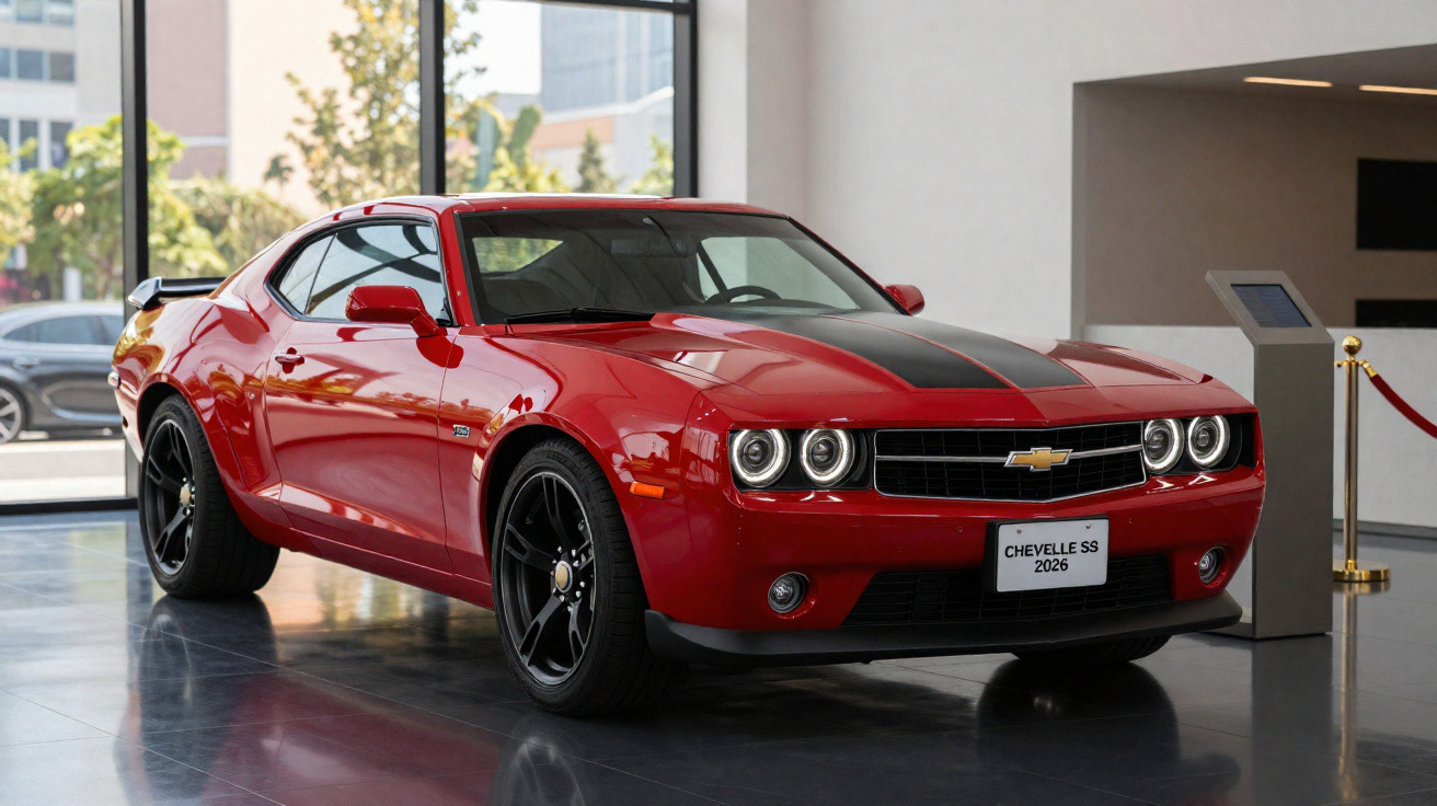 Carro esportivo vermelho Chevrolet Chevelle SS 2026 em exibição dentro de prédio moderno.