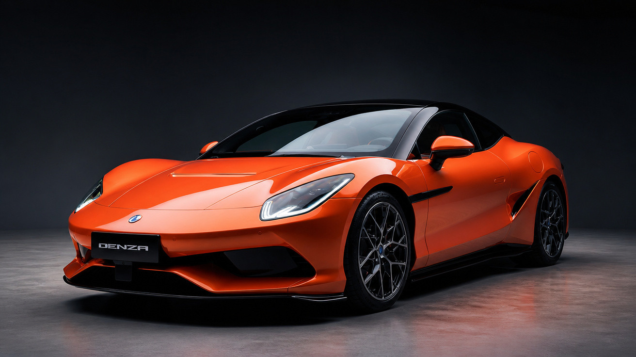 Carro esportivo elétrico Denza em laranja com teto preto, em ambiente interno com fundo escuro.