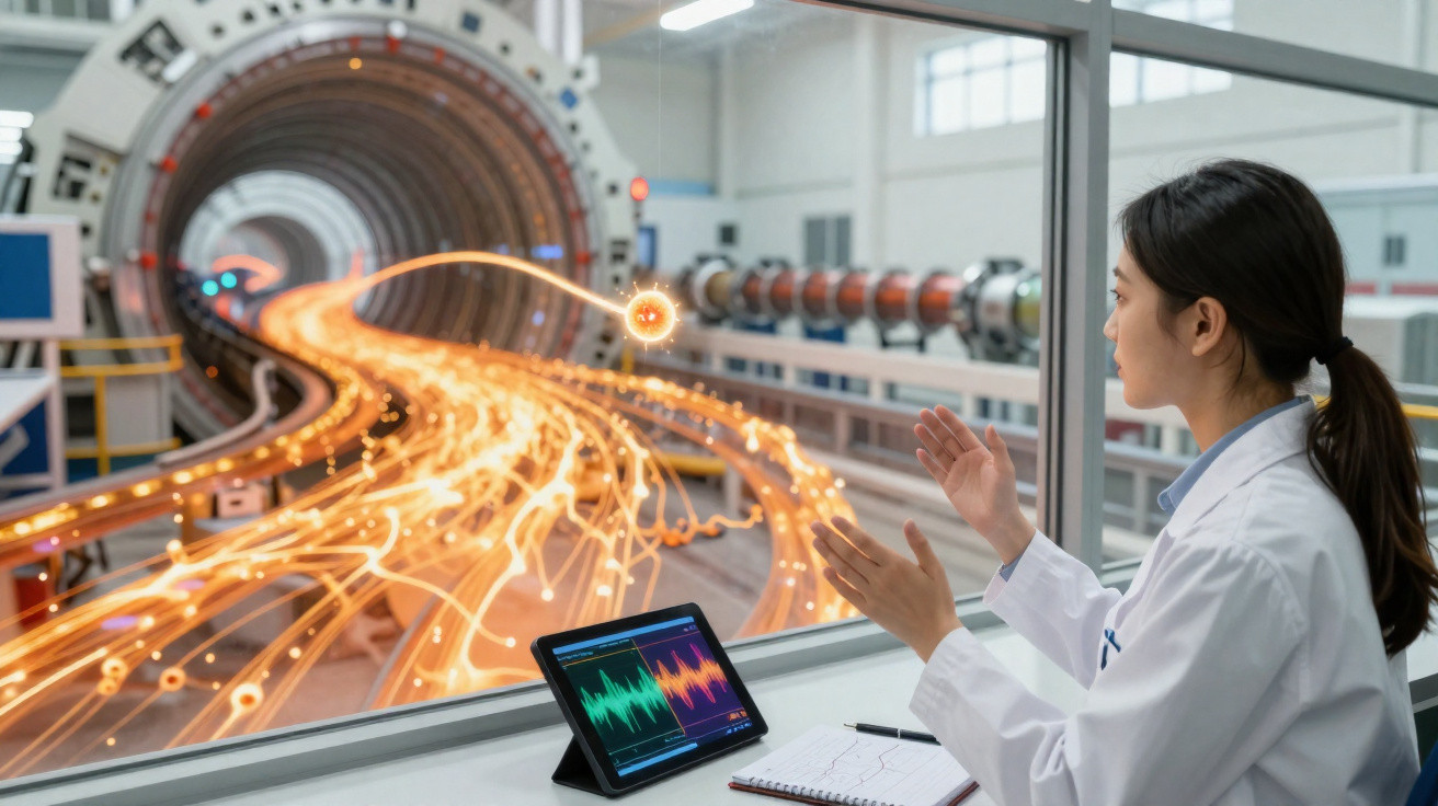 Mulher cientista observa partículas aceleradas em tubo de experimento em laboratório moderno.